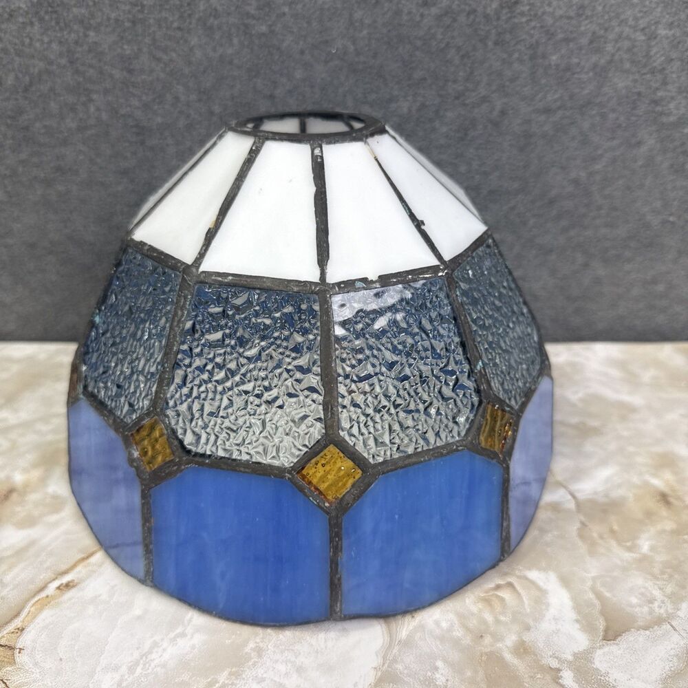 Tiffany Style Stained Glass Table Lamp Shade Only 8" x 5.5" White Blue GoldClear